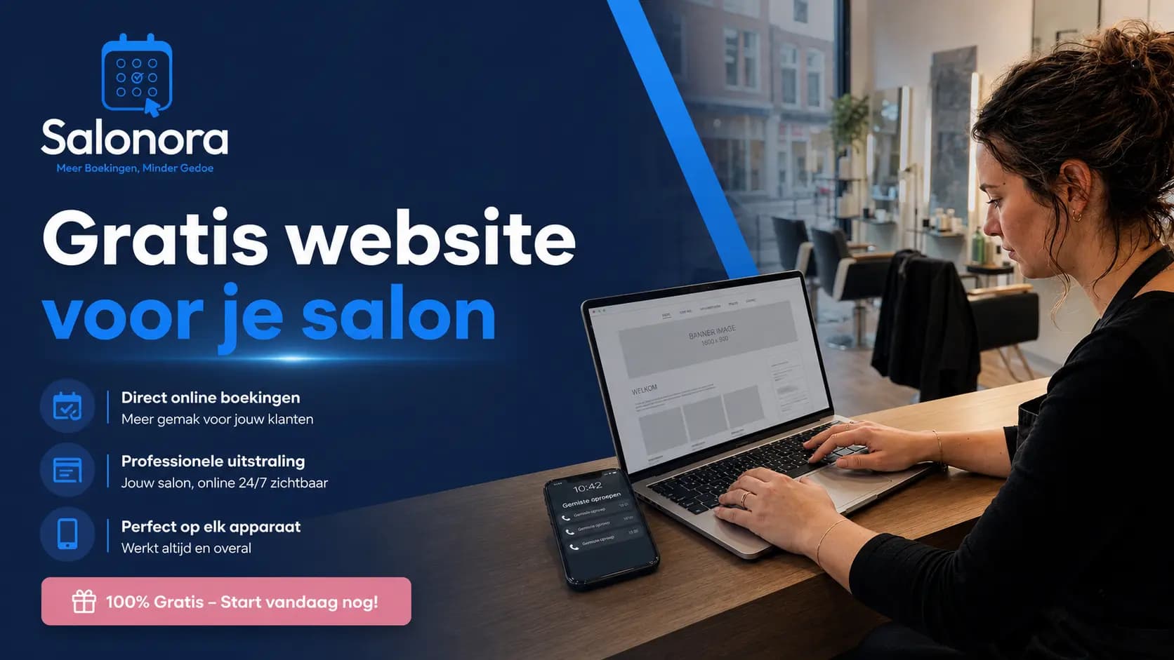 Gratis salonwebsite met online boekingen via Salonora op laptop en smartphone