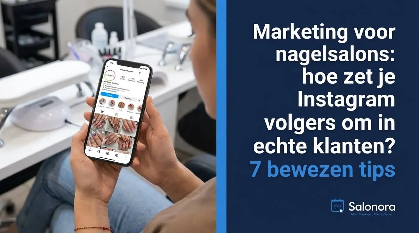 Nagelstyliste bekijkt Instagram-profiel van nagelsalon op smartphone voor social media marketing