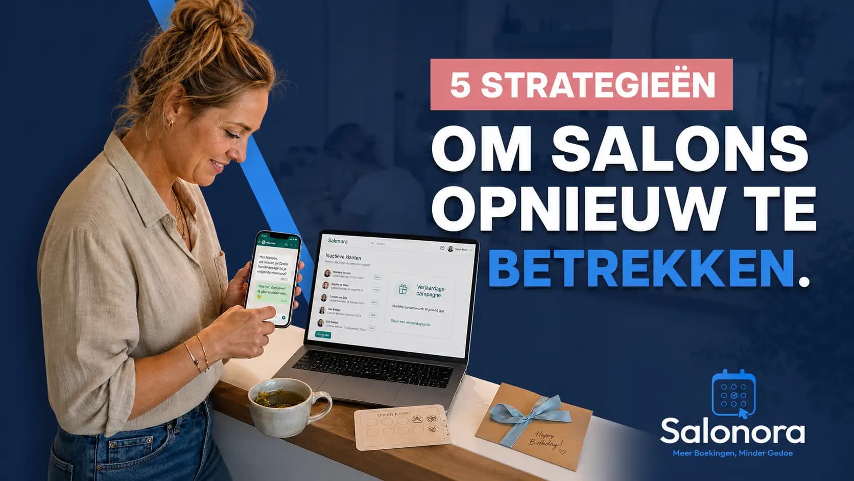 Salonora-gebruiker verstuurt klantcommunicatie via smartphone en laptop om slapers te heractiveren