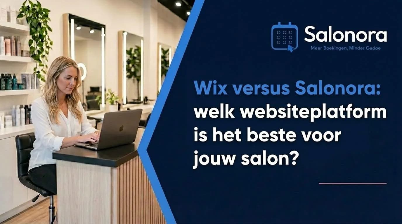 Saloneigenaar vergelijkt websiteplatforms Wix en Salonora op laptop in kapsalon